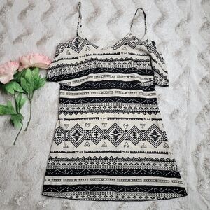 Blu Moon Ivory Black Ruffle Sleeveless Aztec Print Blouse Size 1